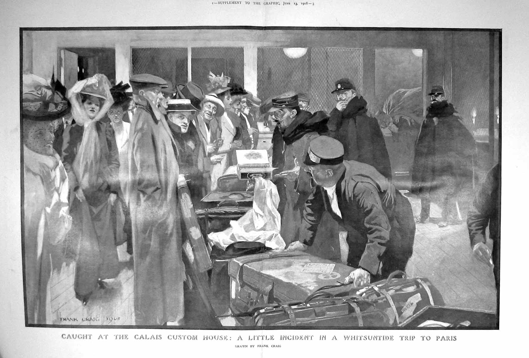 Old Antique Print 1908 Calias Customs Tourists Trip Paris France Scene 20th