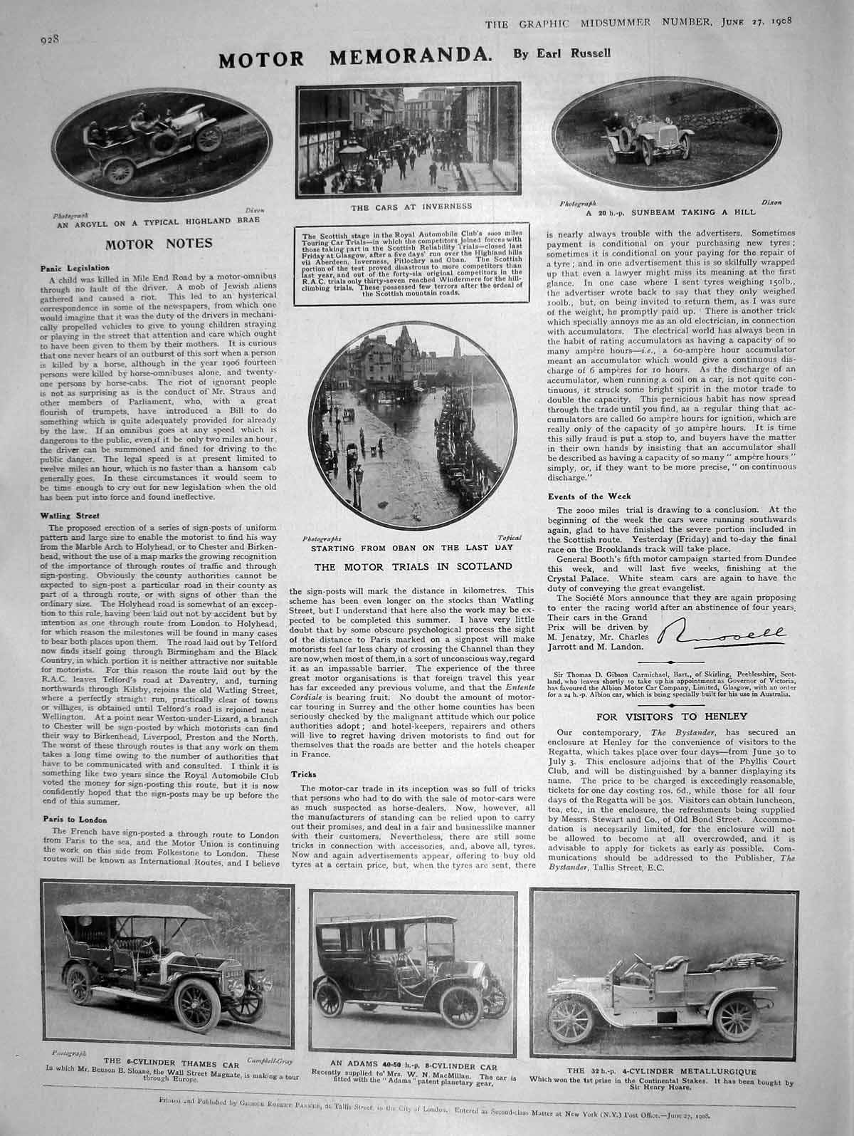 Original Old Antique Print 1908 Motor Cars Inverness Oban Metallurgique Sunbeam