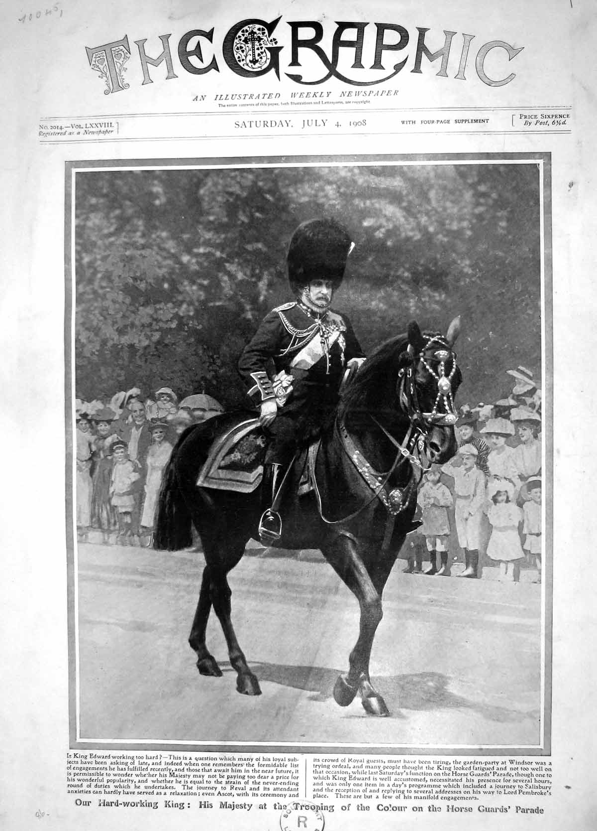 Old Antique Print 1908 Majesty King Trooping Colour Horse Guards Parade 20th