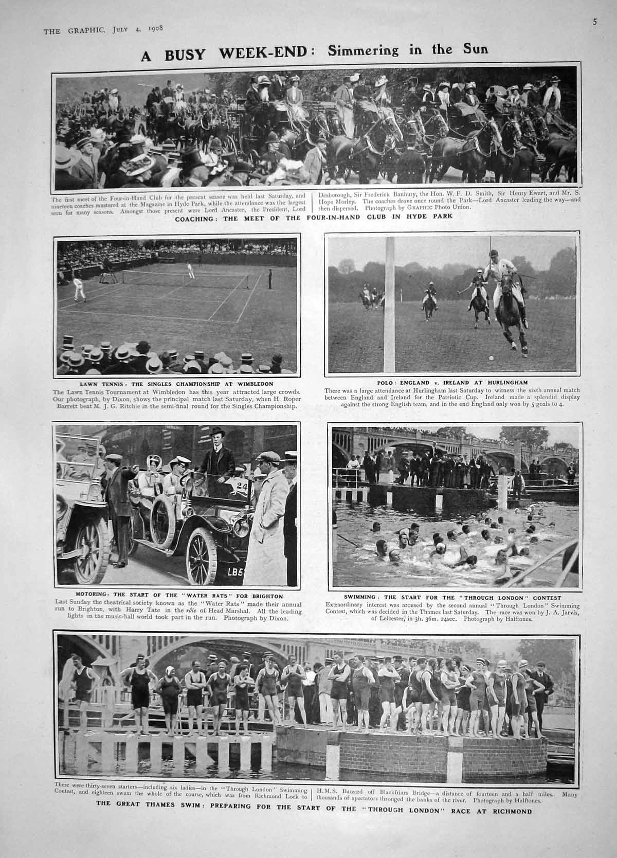 Old Antique Print 1908 Thames Swimming Hyde Park Tennis Morocco Catania 20th