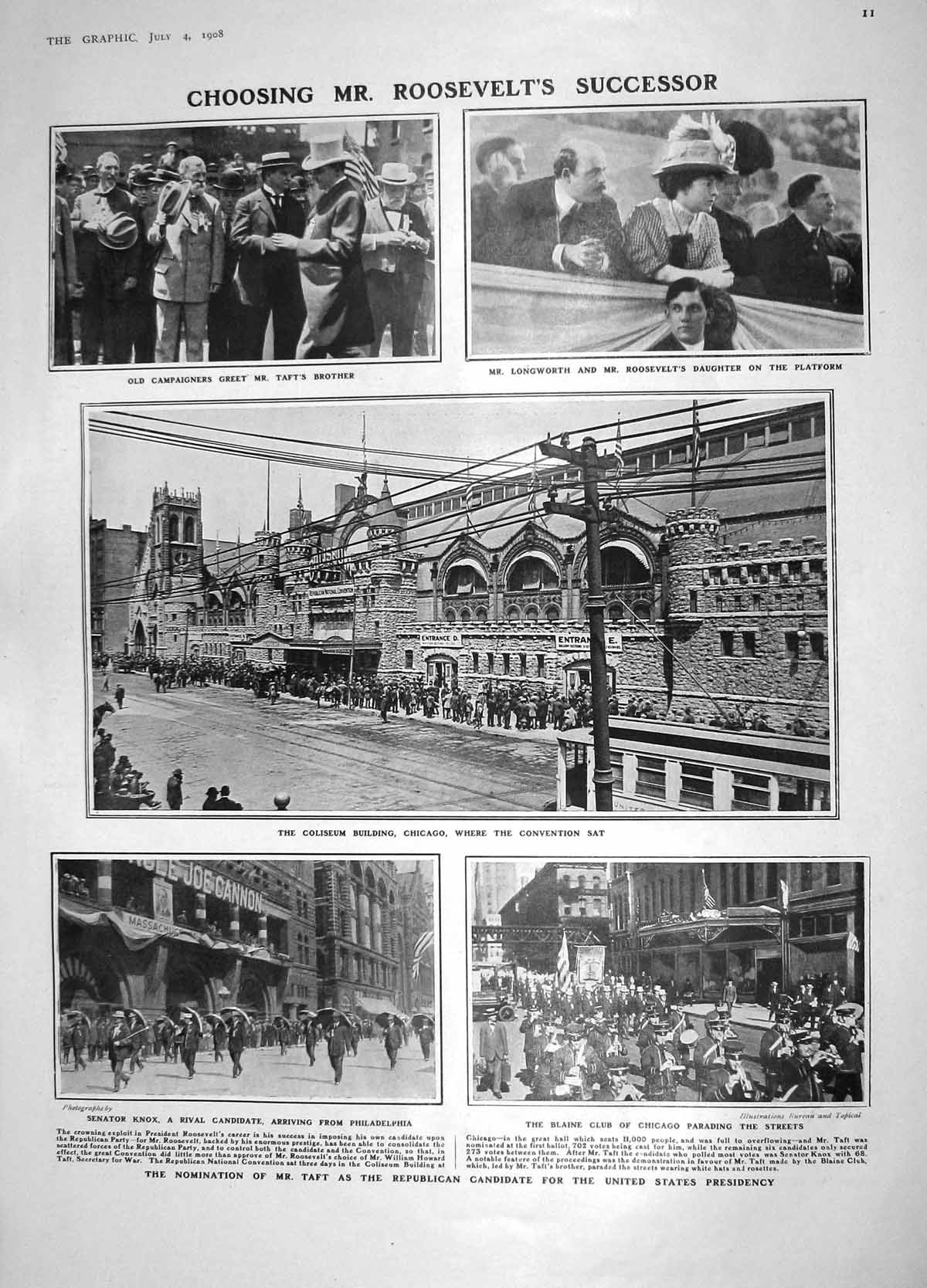 Old Antique Print 1908 Roosevelt Taft Knox America Emmanuel Riding School 20th