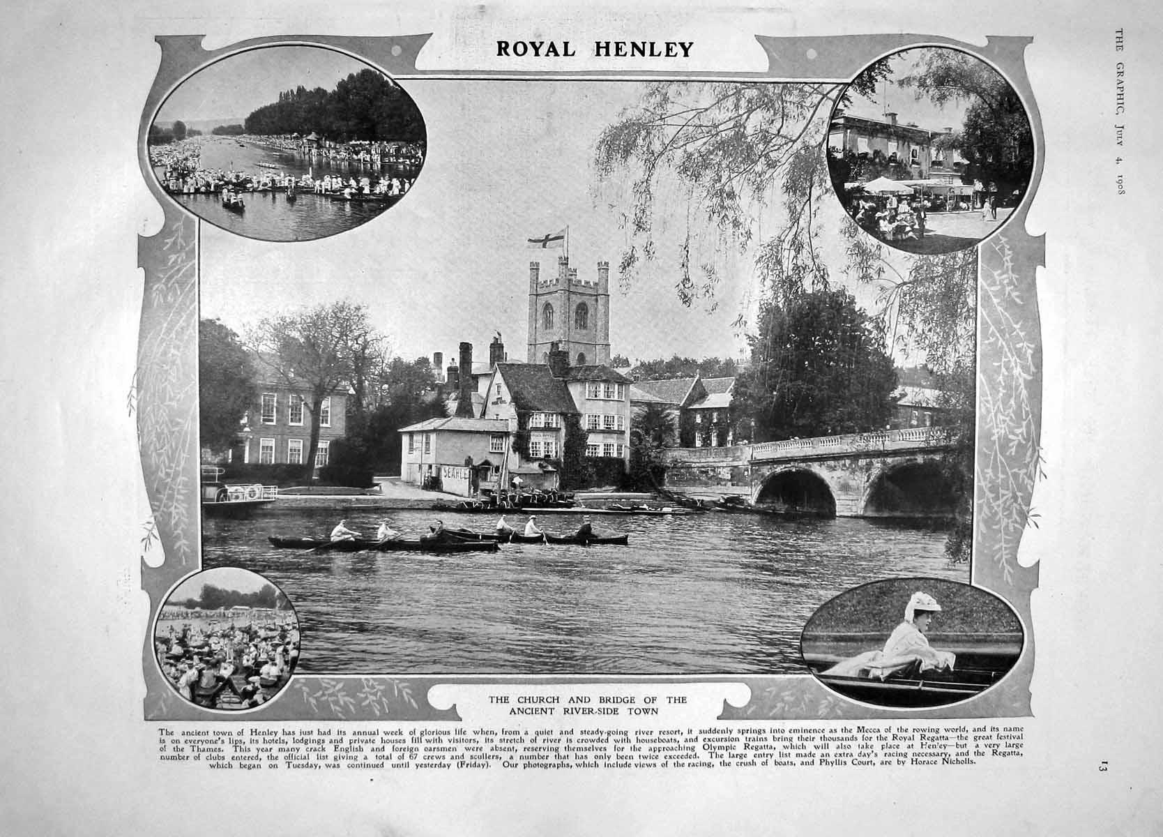 Original Old Antique Print 1908 Henley Regatta Church Leeds University Alnwick