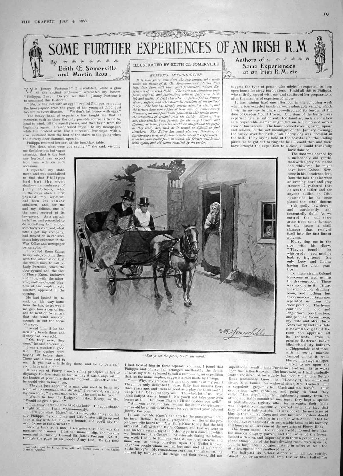 Original Old Antique Print 1908 Ireland Horse Cart Street Scene Sketch Lady