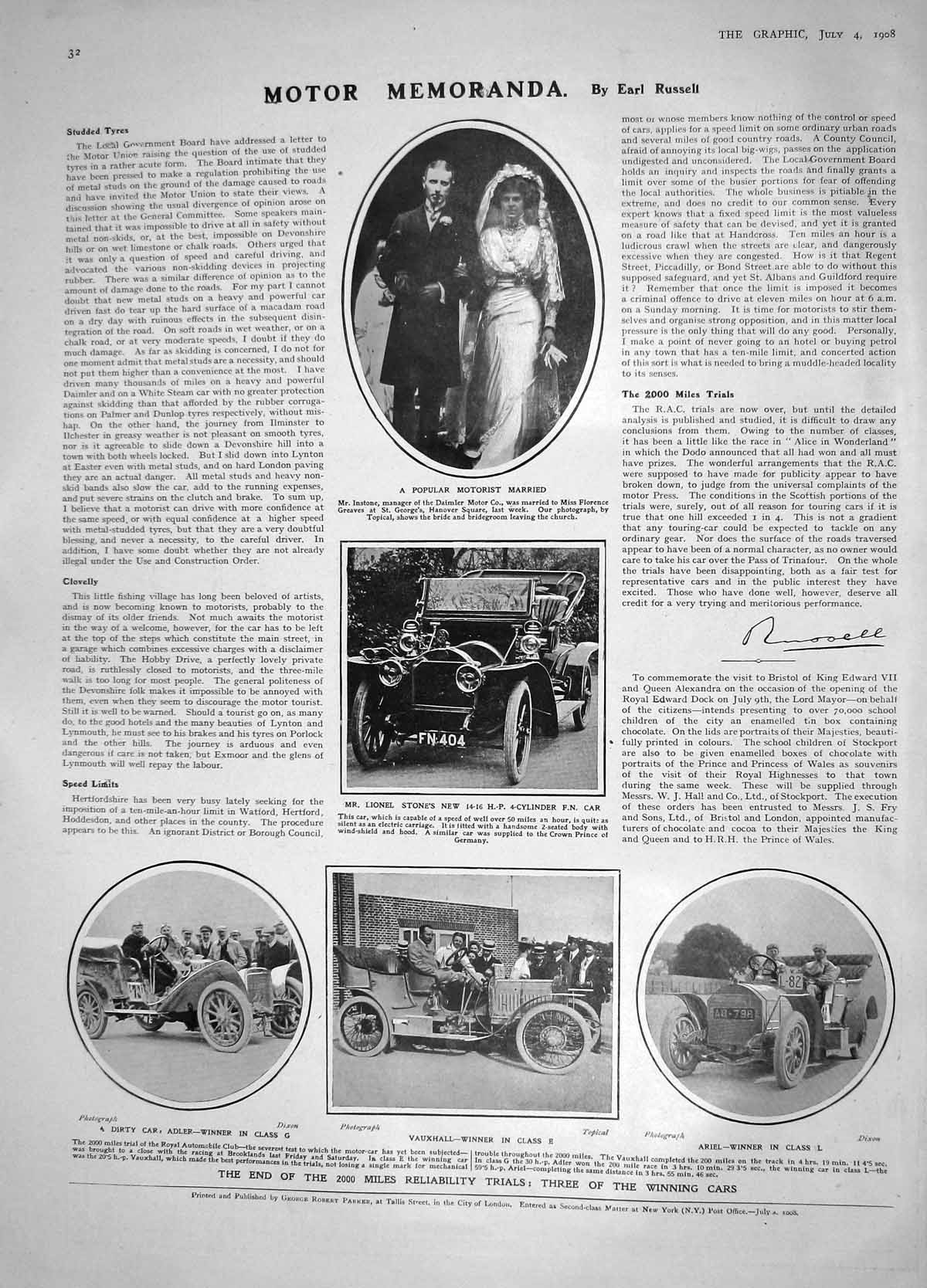 Original Old Antique Print 1908 Instone Daimler Motor Car Greaves Stone Adler