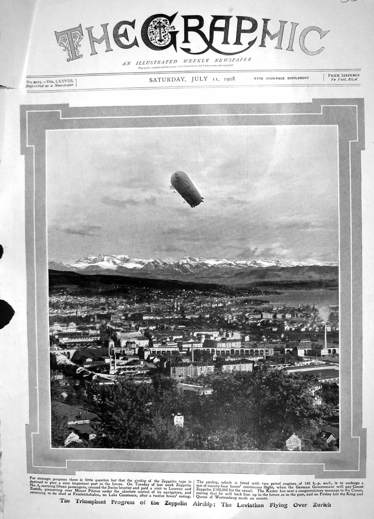 Old Antique Print 1908 Petrol Engines Zeppelin Airship Leviathan Zurich 20th
