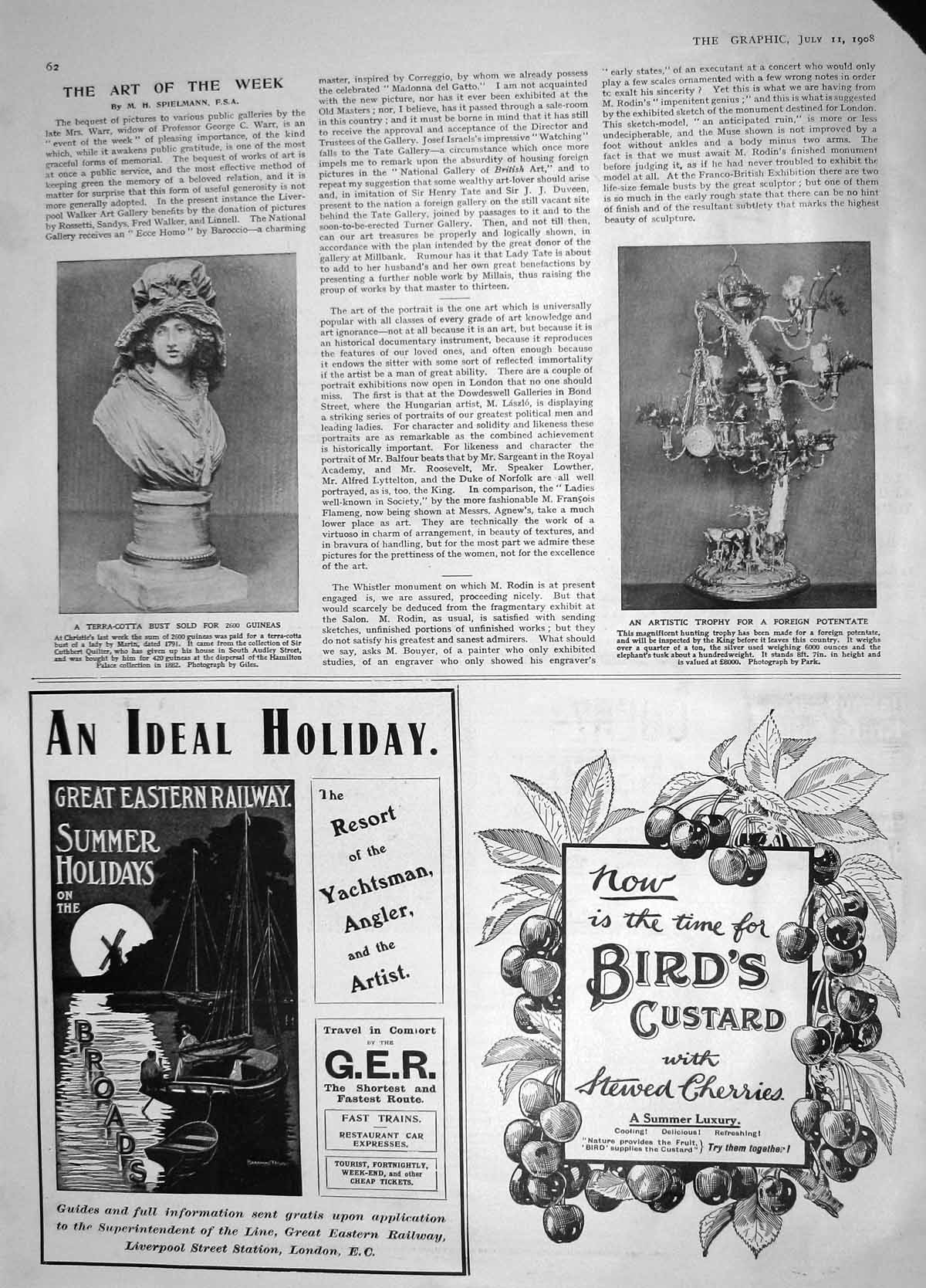 Old Antique Print 1908 Terra-Cotta Bust Christies Hunting Trophy Custard 20th