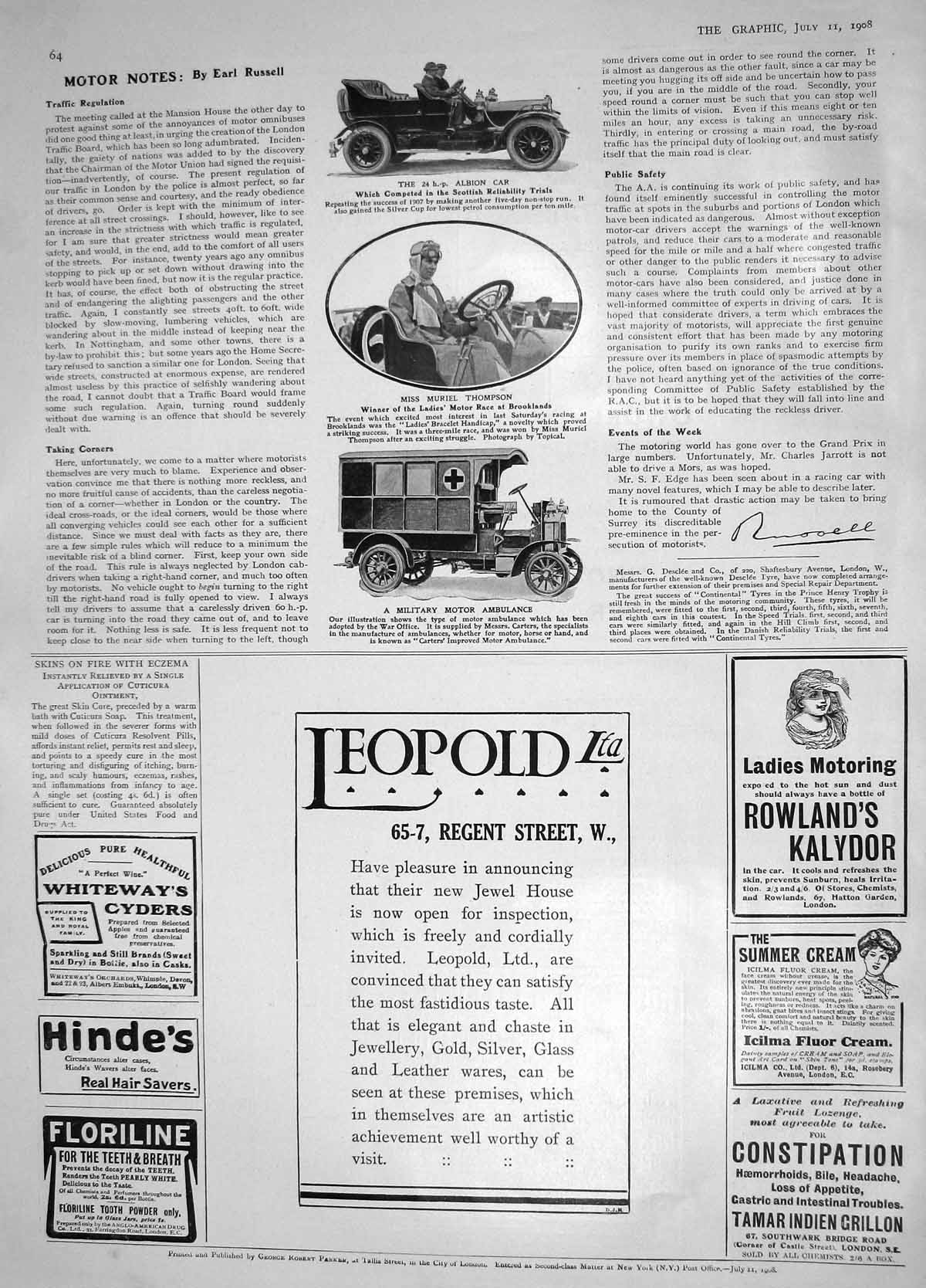 Original Old Antique Print 1908 Albion Motor Car Muriel Thompson War Ambulance