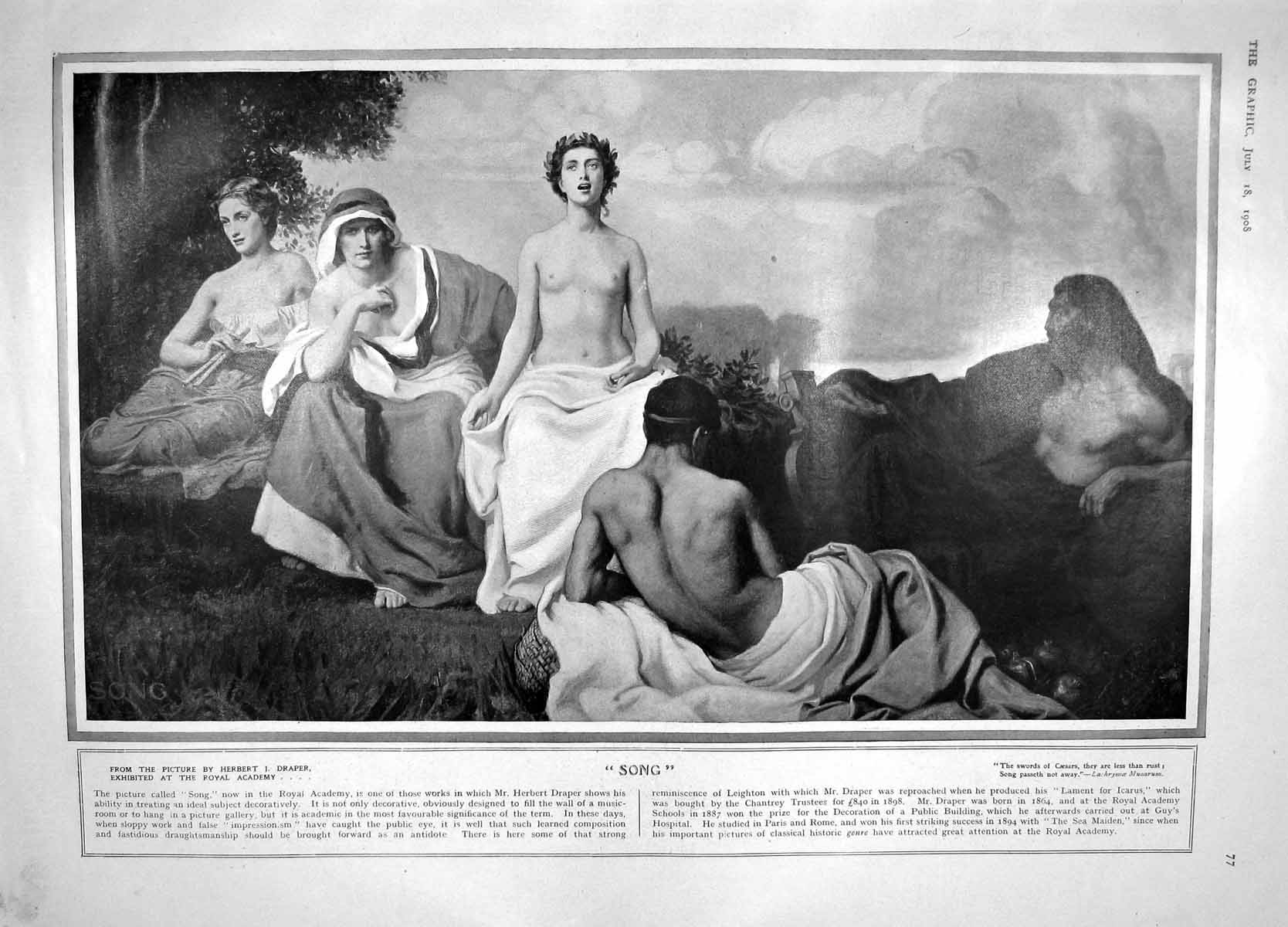 Old Antique Print 1908 Song Herbert Draper Art Curzon-Howe Hodson Bryan 20th