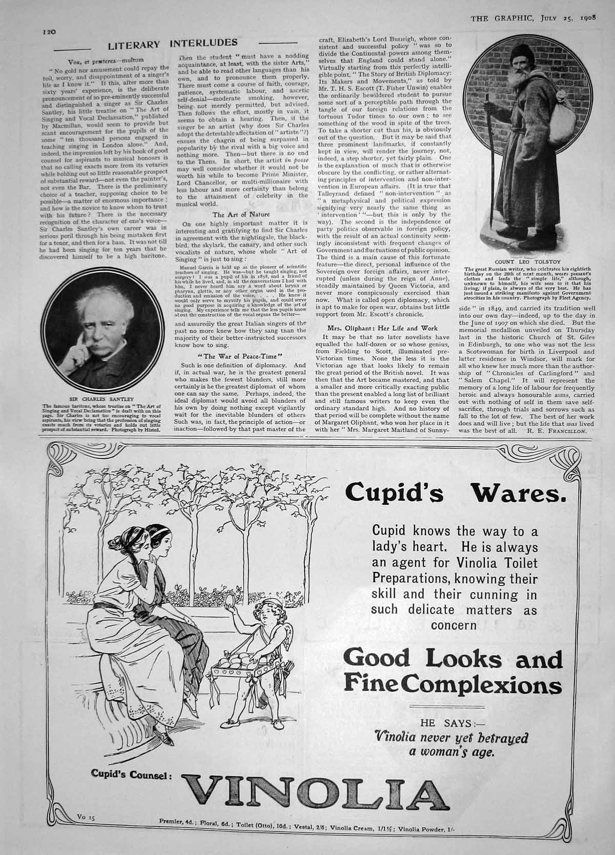 Original Old Antique Print 1908 Count Leo Tolstoy Charles Santley Vinolia Soap