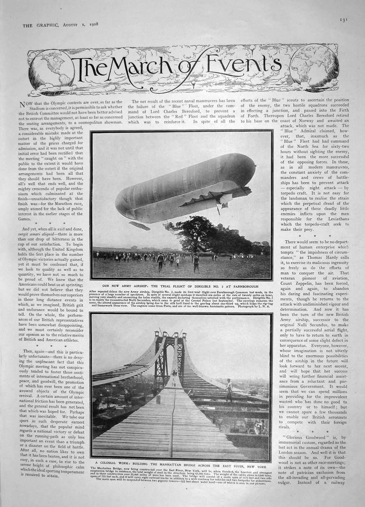 Old Antique Print 1908 Army Airship Farnborough Manhattan Swiss Bonaduz 20th