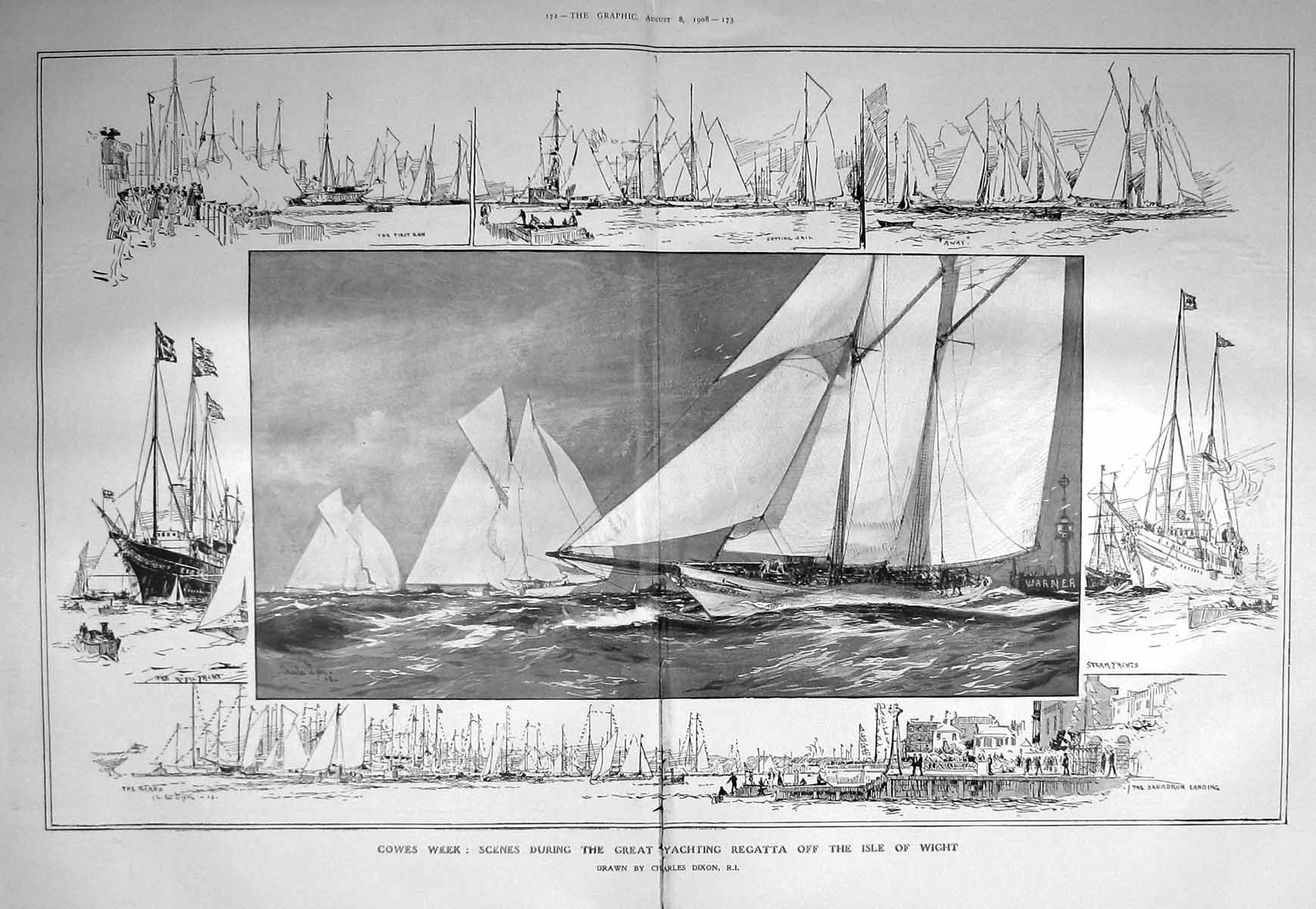 Old Antique Print 1908 Cowes Yachting Regatta Isle Wight Victoria Albert 20th
