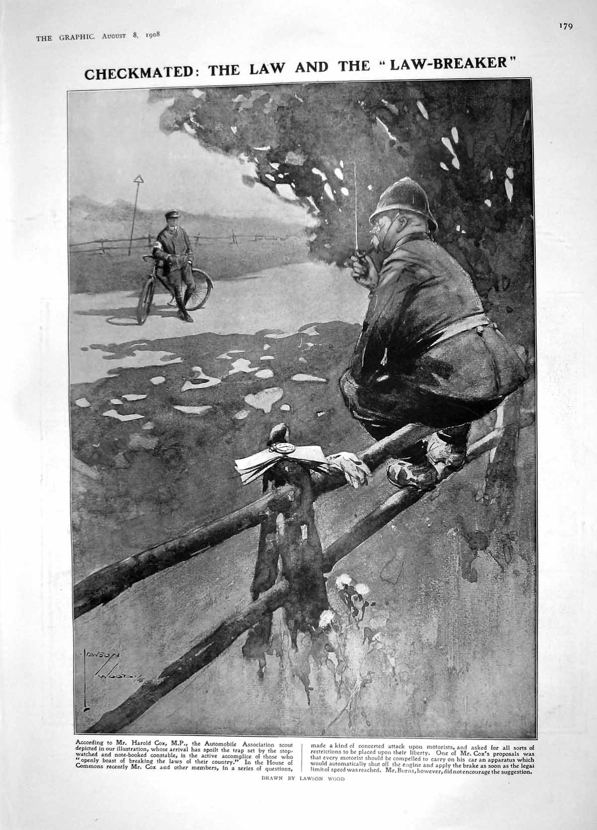 Old Antique Print 1908 Police Man Bicycle Cox Burns Maeterlinck America 20th