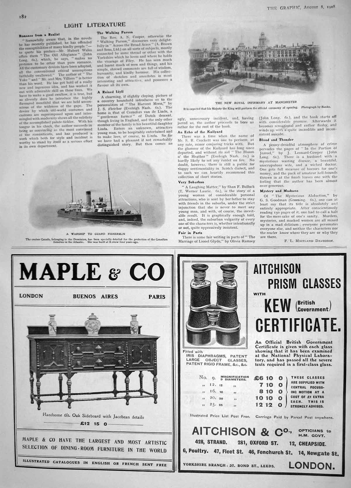 Old Antique Print 1908 Royal Infirmary Hospital War Ship Canada Fishing 20th