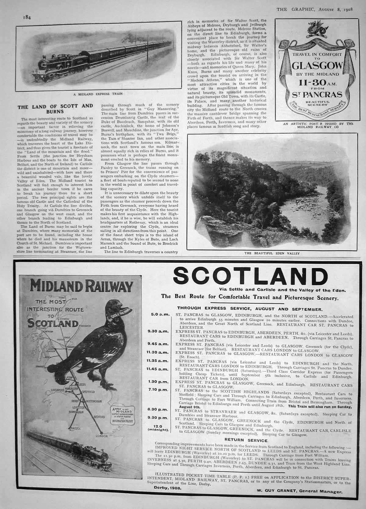 Old Antique Print 1908 Midland Express Train Eden Valley Glasgow Pancras 20th