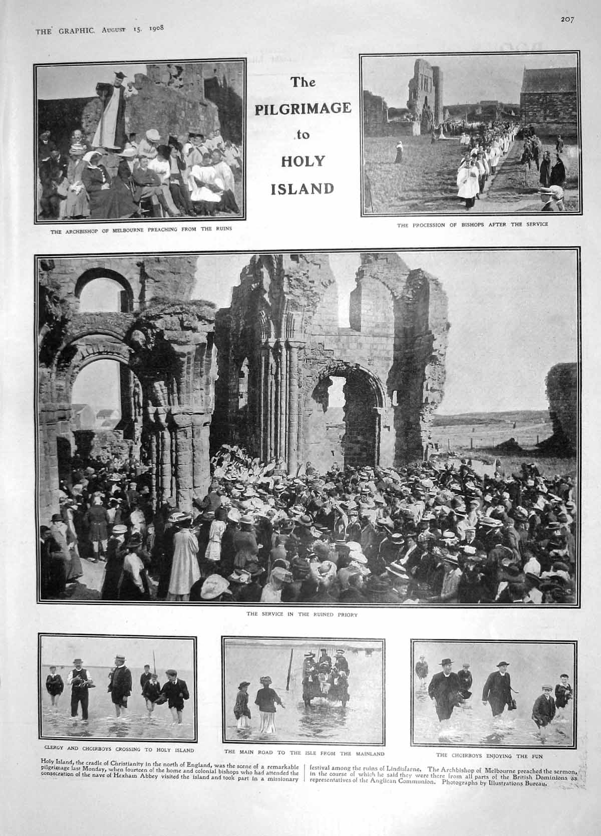 Original Old Antique Print 1908 Pilgrimage Holy Lindisfarne Cigarette Factory