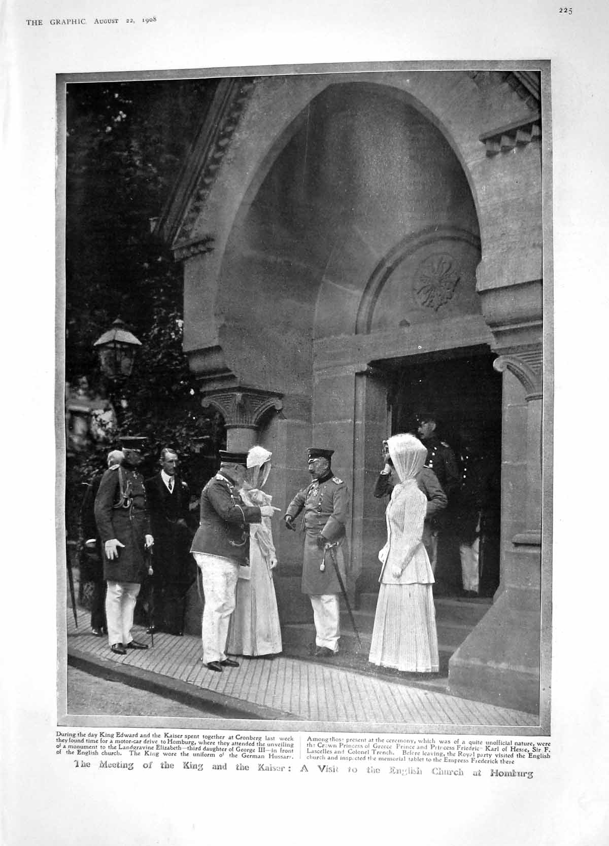 Old Antique Print 1908 King Edward Kaiser Church Homburg Hozier Churchill 20th