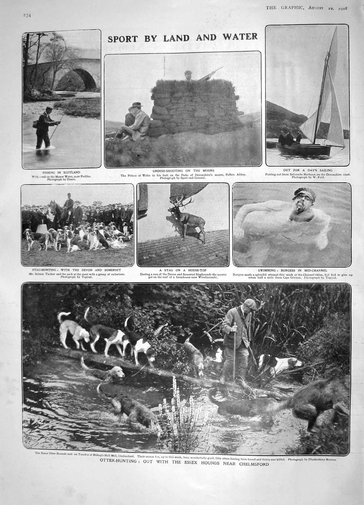 Original Old Antique Print 1908 Otter Hunting Essex Grouse Shooting Grosvenor