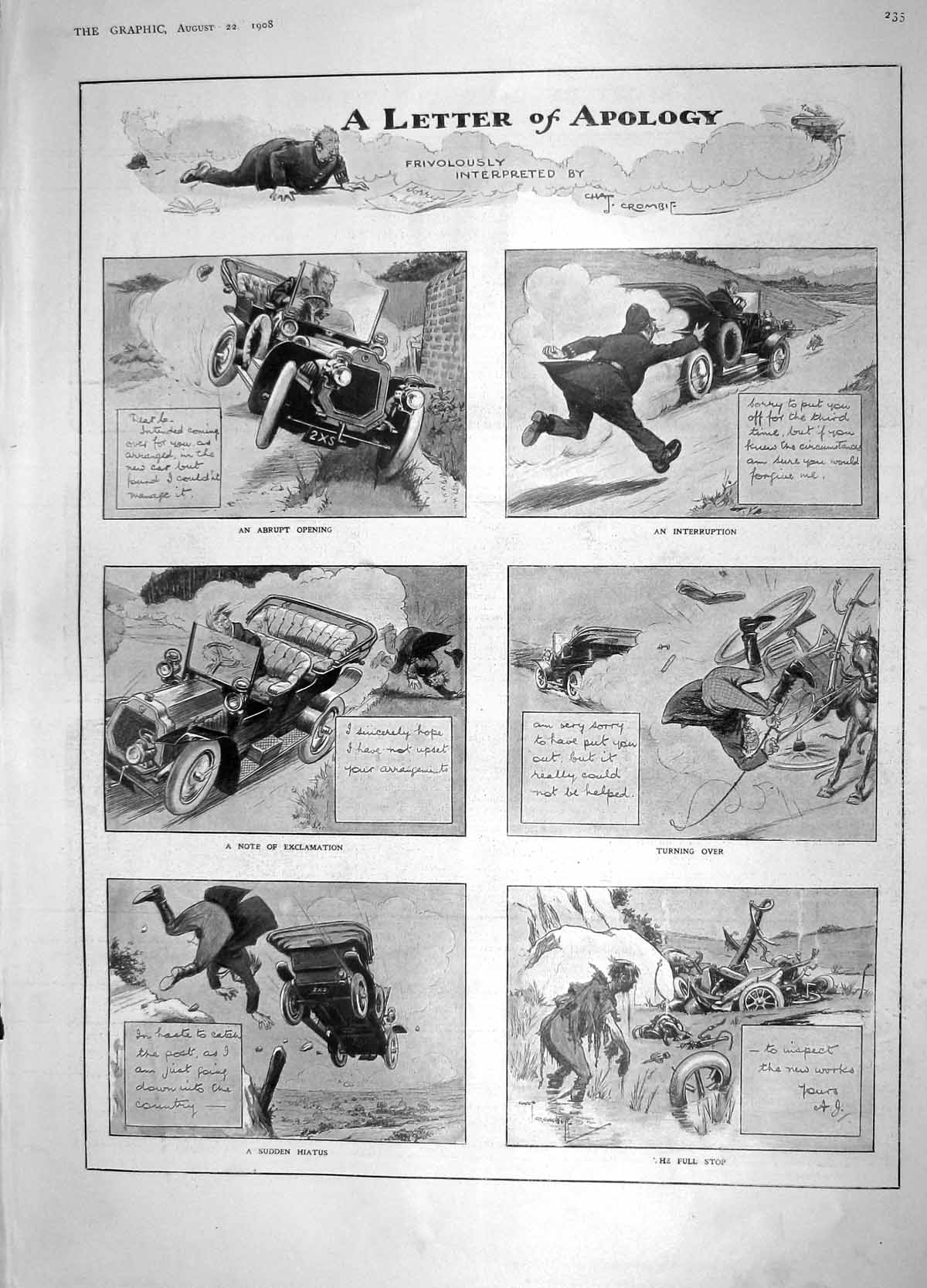 Original Old Antique Print 1908 Letter Apology Man Motor Car Policeman Crash