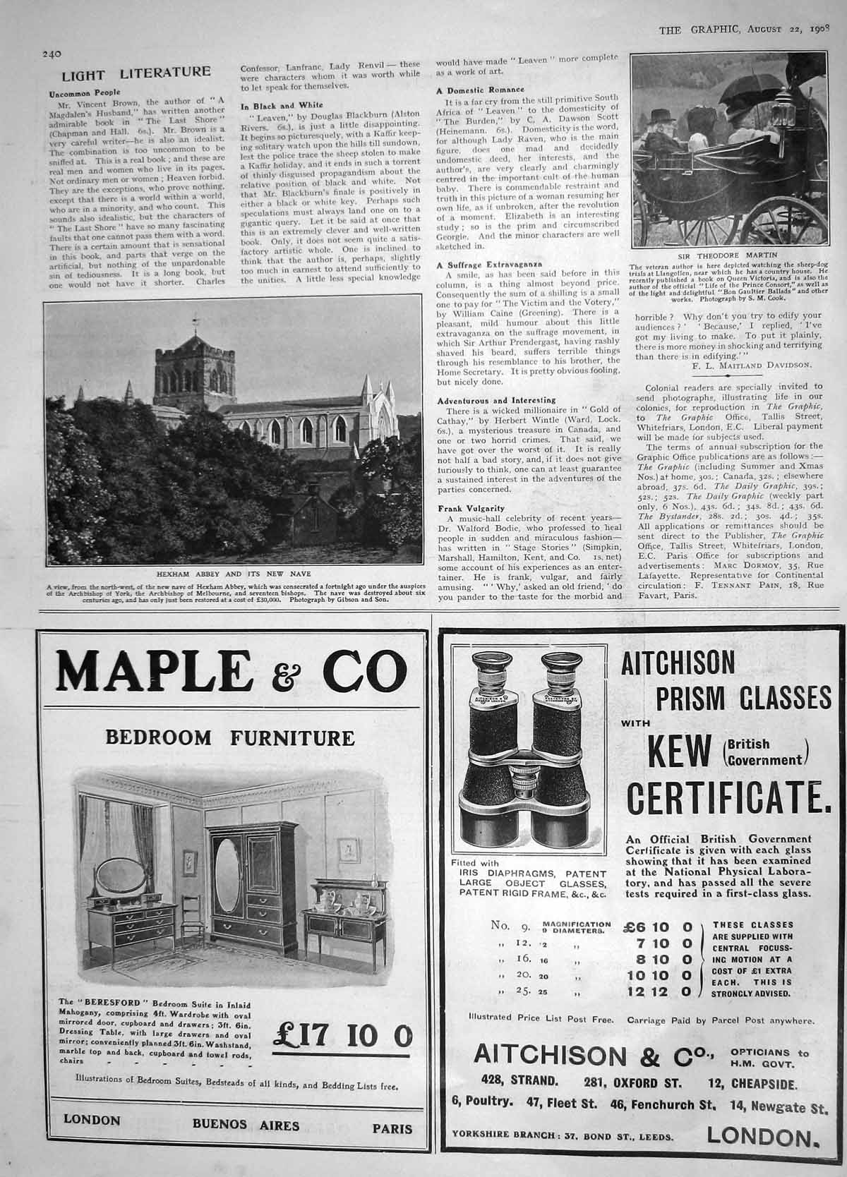 Original Old Antique Print 1908 Theodore Martin Author Hexham Abbey Nave Church