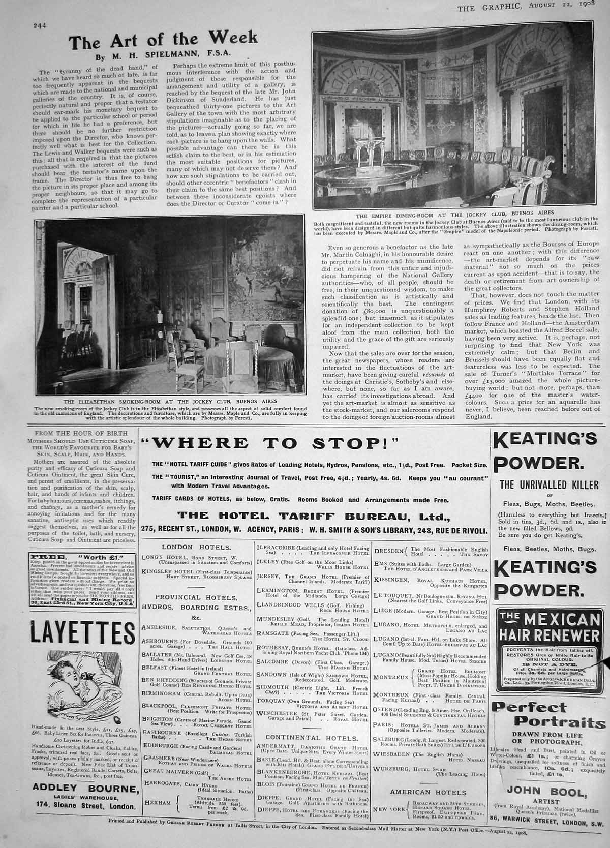 Original Old Antique Print 1908 Empire Dining-Room Jockey Club Buenos Airies