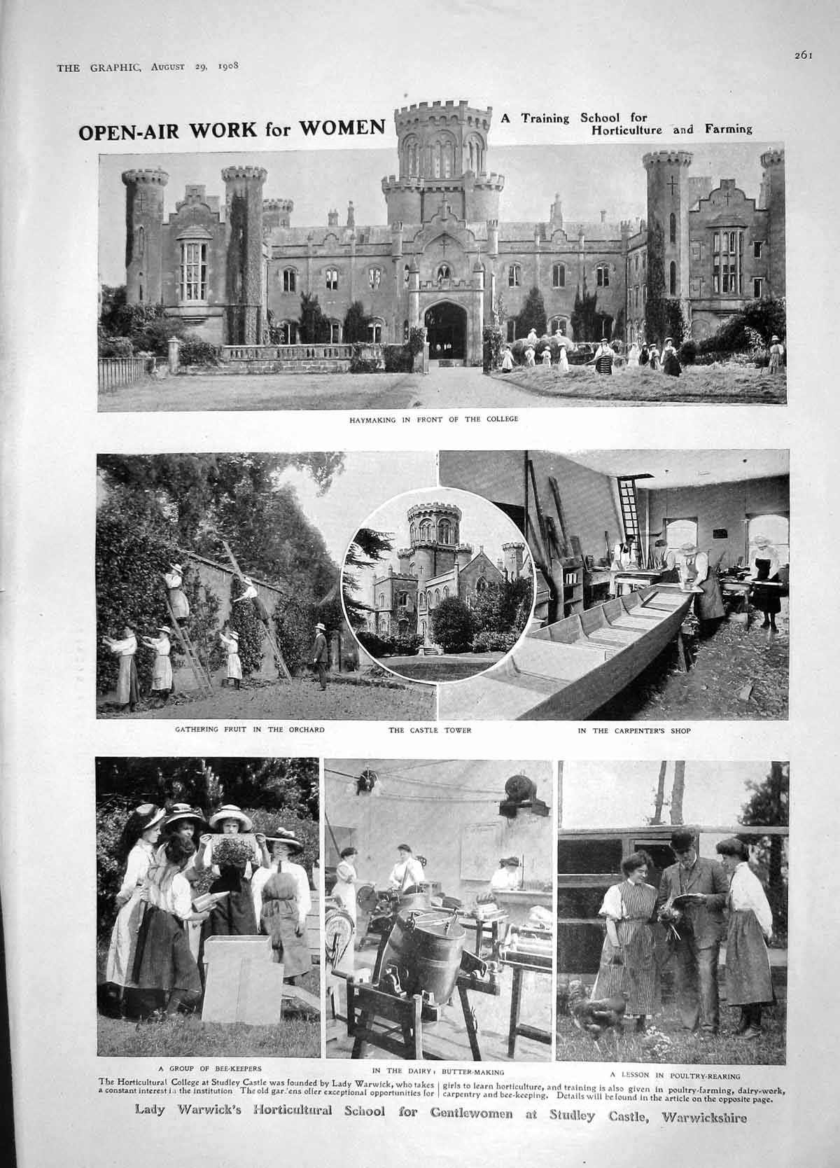 Original Old Antique Print 1908 Training College Farming Warwick War Siers 20th
