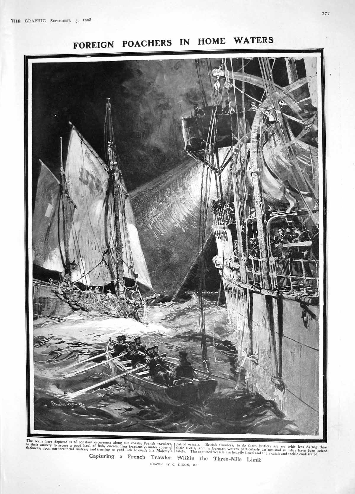 Old Antique Print 1908 French Trawler Ship Poaching Caslte Hohkonigsburg 20th