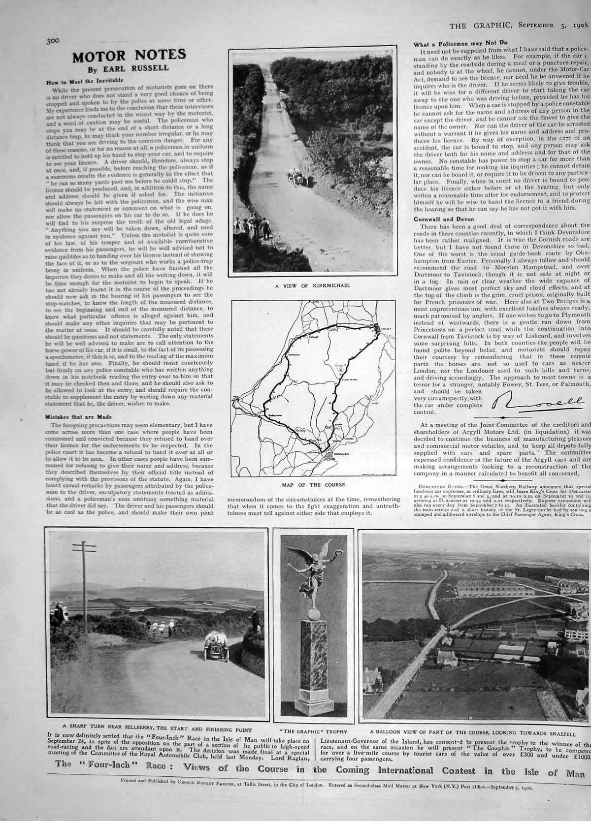 Original Old Antique Print 1908 Motor Car Isle Man Kirkmichael Hillberry Trophy