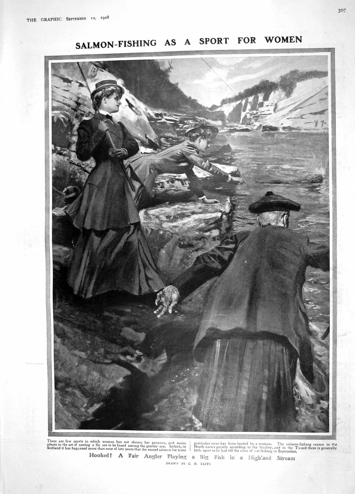 Original Old Antique Print 1908 Salmon Fishing Women Scotland Harem Abdul Aziz