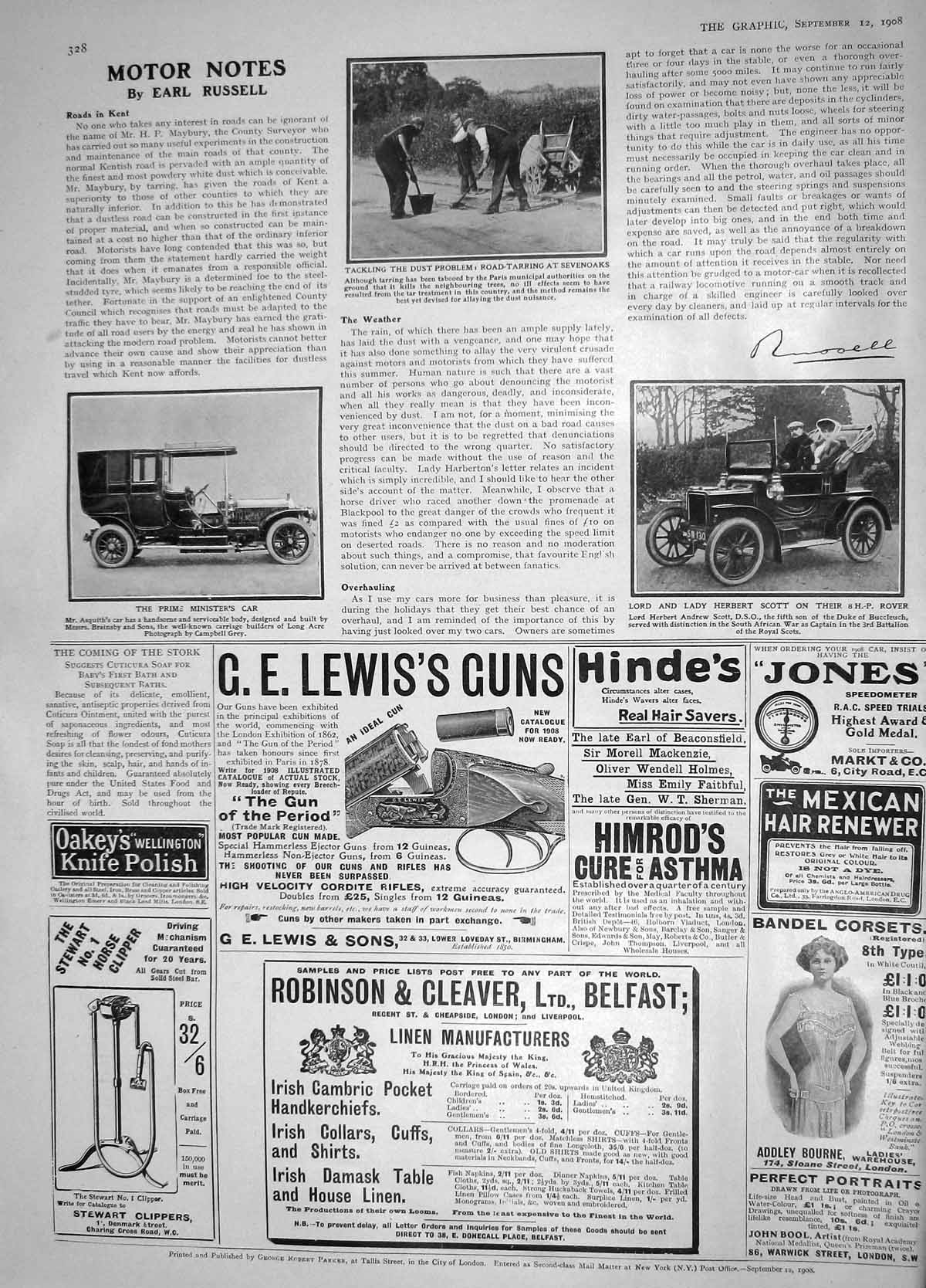 Old Antique Print 1908 Road Tarring Sevenoaks Lord Herbert Scott Asquith 20th