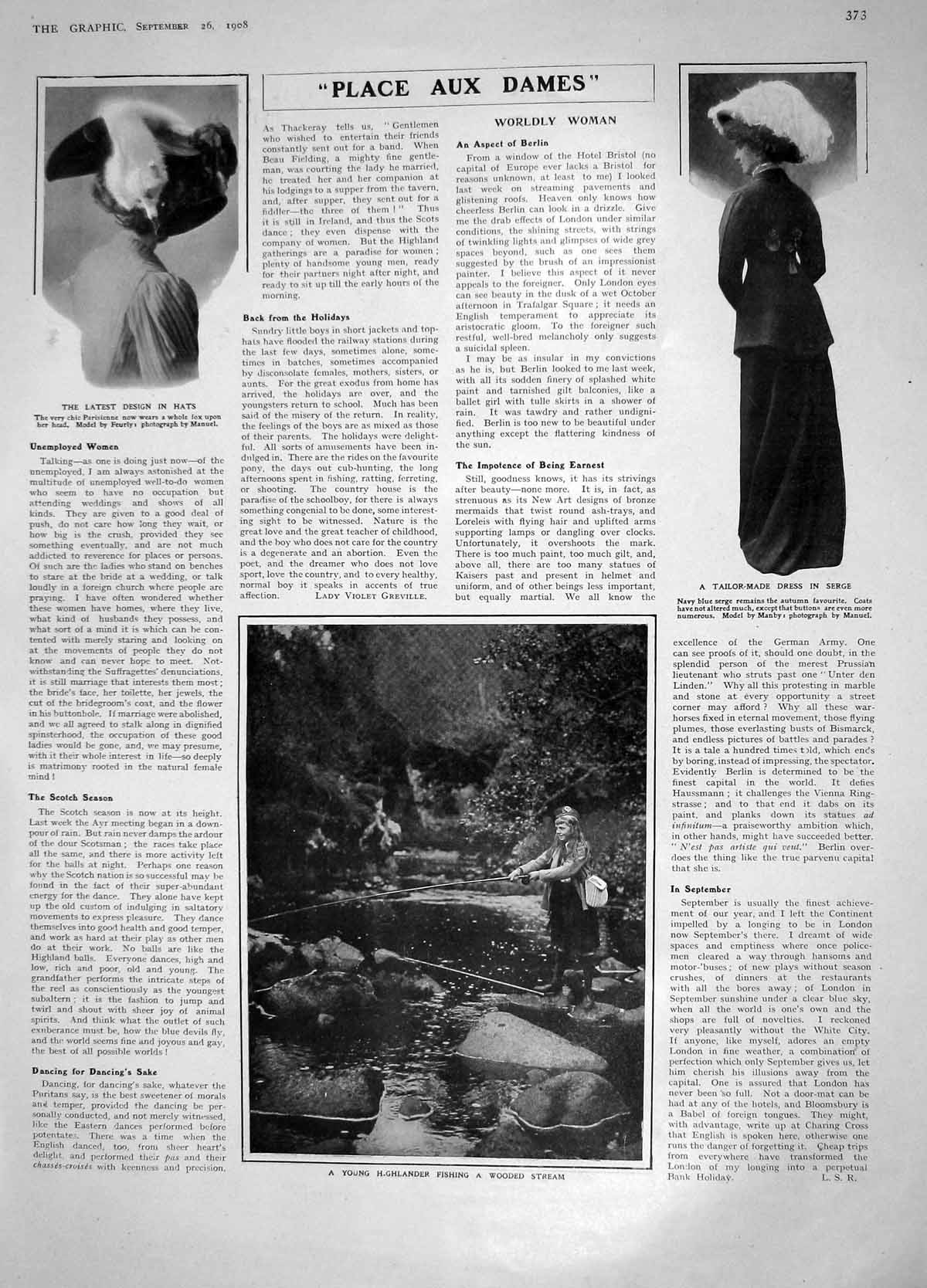 Original Old Antique Print 1908 Fashio Hats Scotland Fishing Art Friant Fremiet