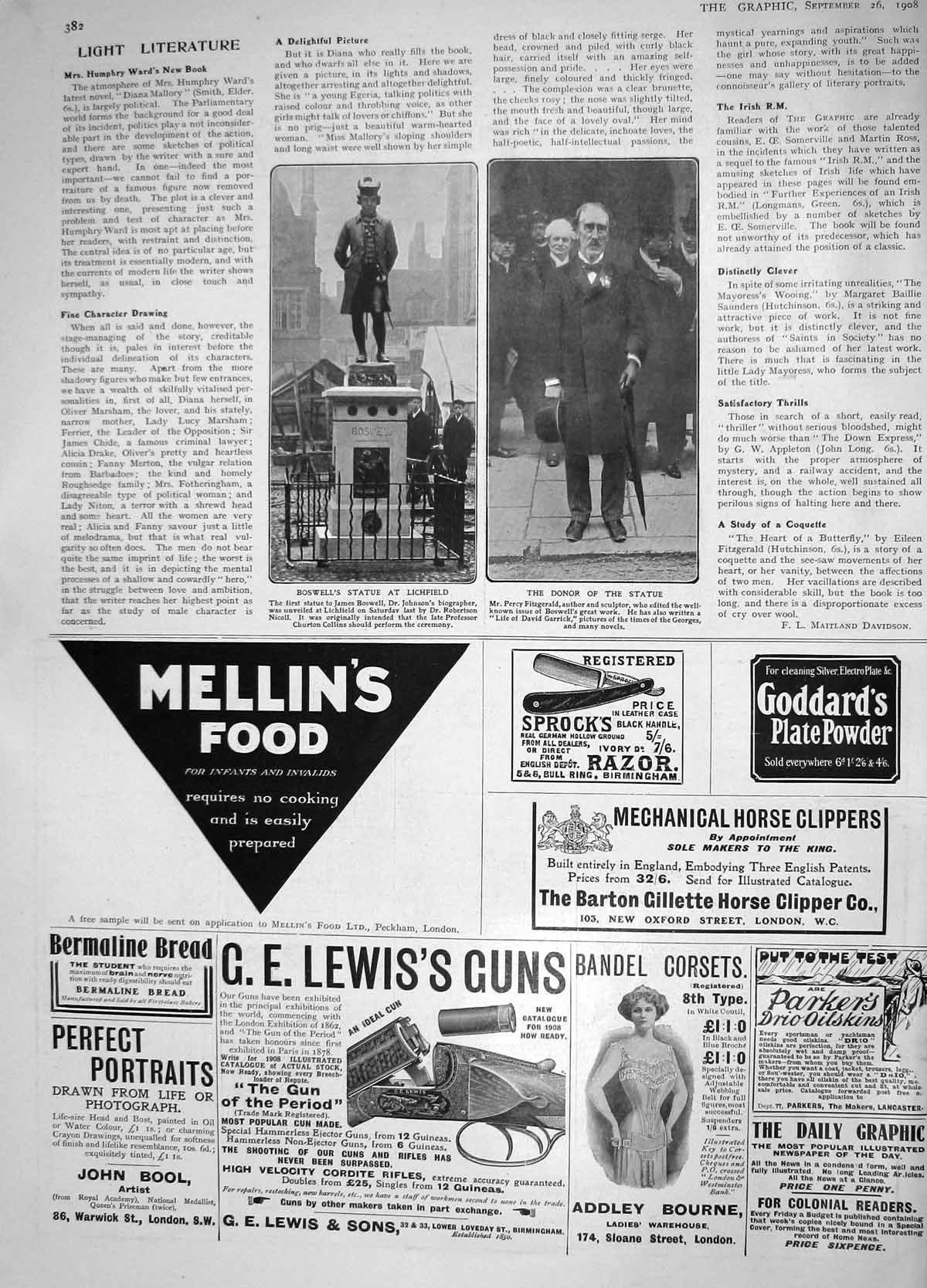 Old Antique Print 1908 Boswell Statue Lichfield Percy Fitzgerald Collins 20th
