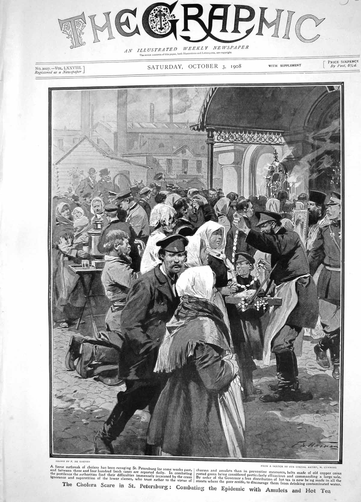 Original Old Antique Print 1908 Cholera Scare Petersburg Russia Amulets Hot Tea