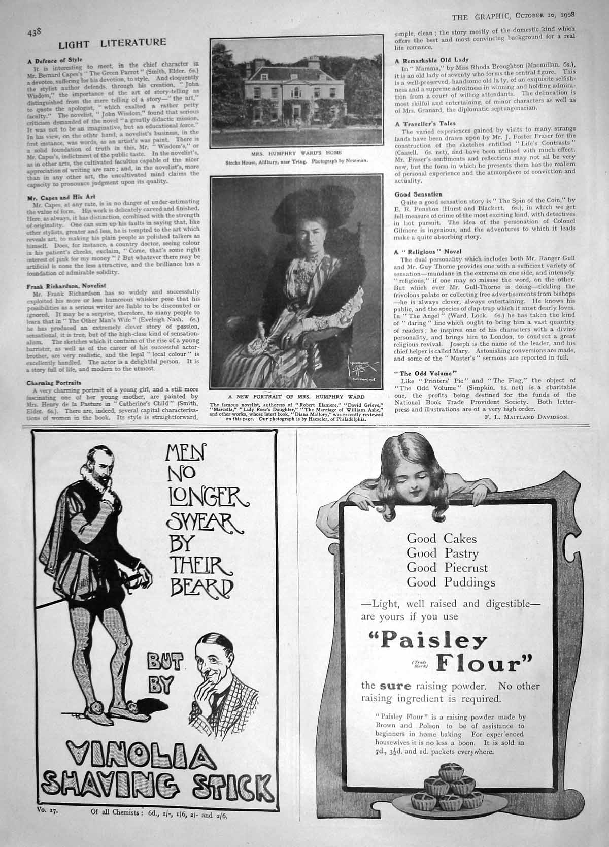 Old Antique Print 1908 Humphrey Ward Aldbury Tring Paisley Flour Vinolia 20th