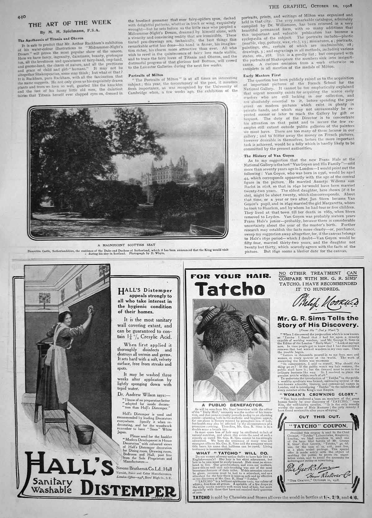 Original Old Antique Print 1908 Dunrobin Castle Golspie Duke Sutherland Tatcho