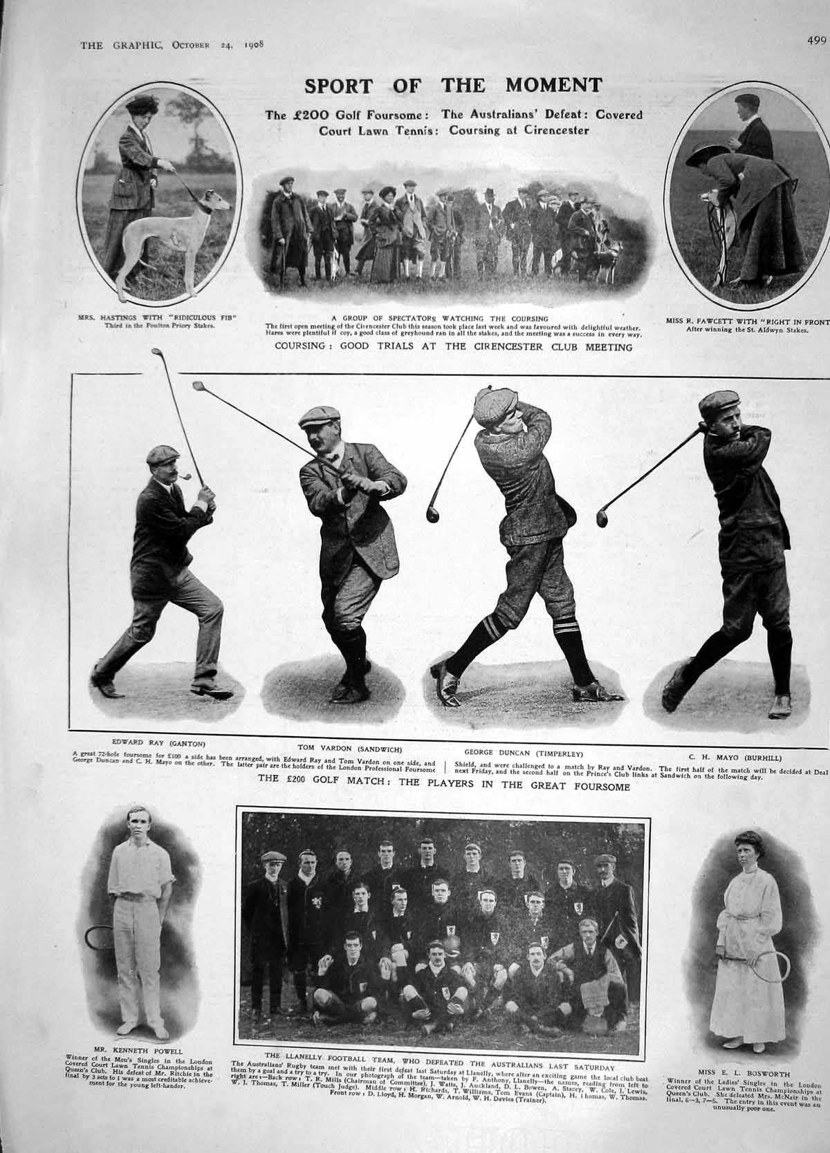 Original Old Antique Print 1908 Golf Vardon Duncan Mayo Ray Llanelly Badminton