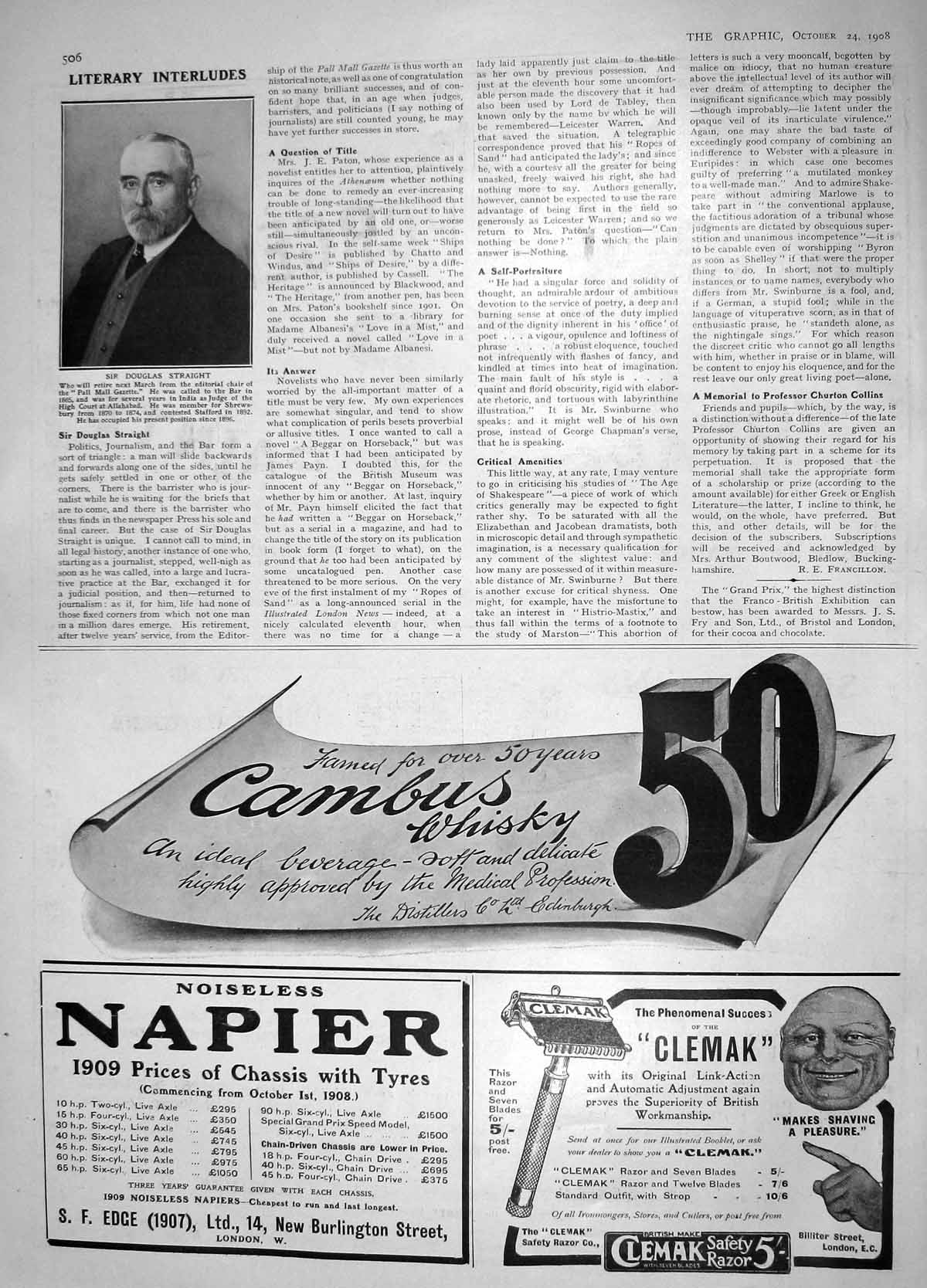 Old Antique Print 1908 Sir Douglas Straight Editor Napier Cambus Whisky 20th