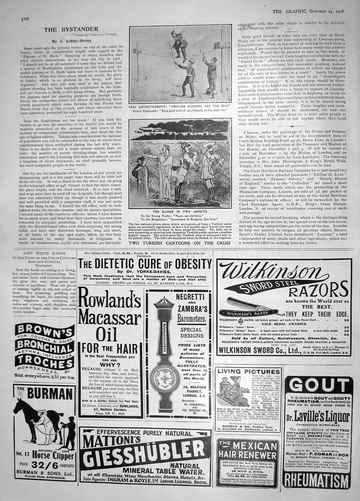 Old Antique Print 1908 Turkish Cartoons Kaiser English Scissors Wilkinson 20th