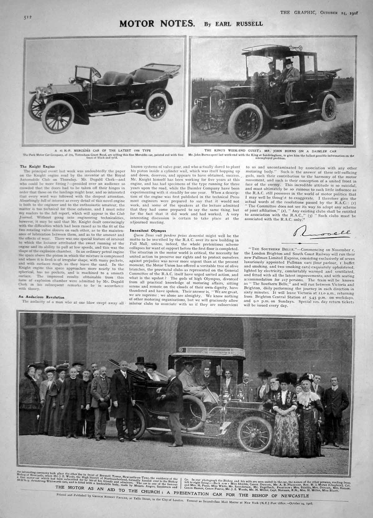 Old Antique Print 1908 Motor Car Church Bishop Newcastle Mercedes Burns 20th