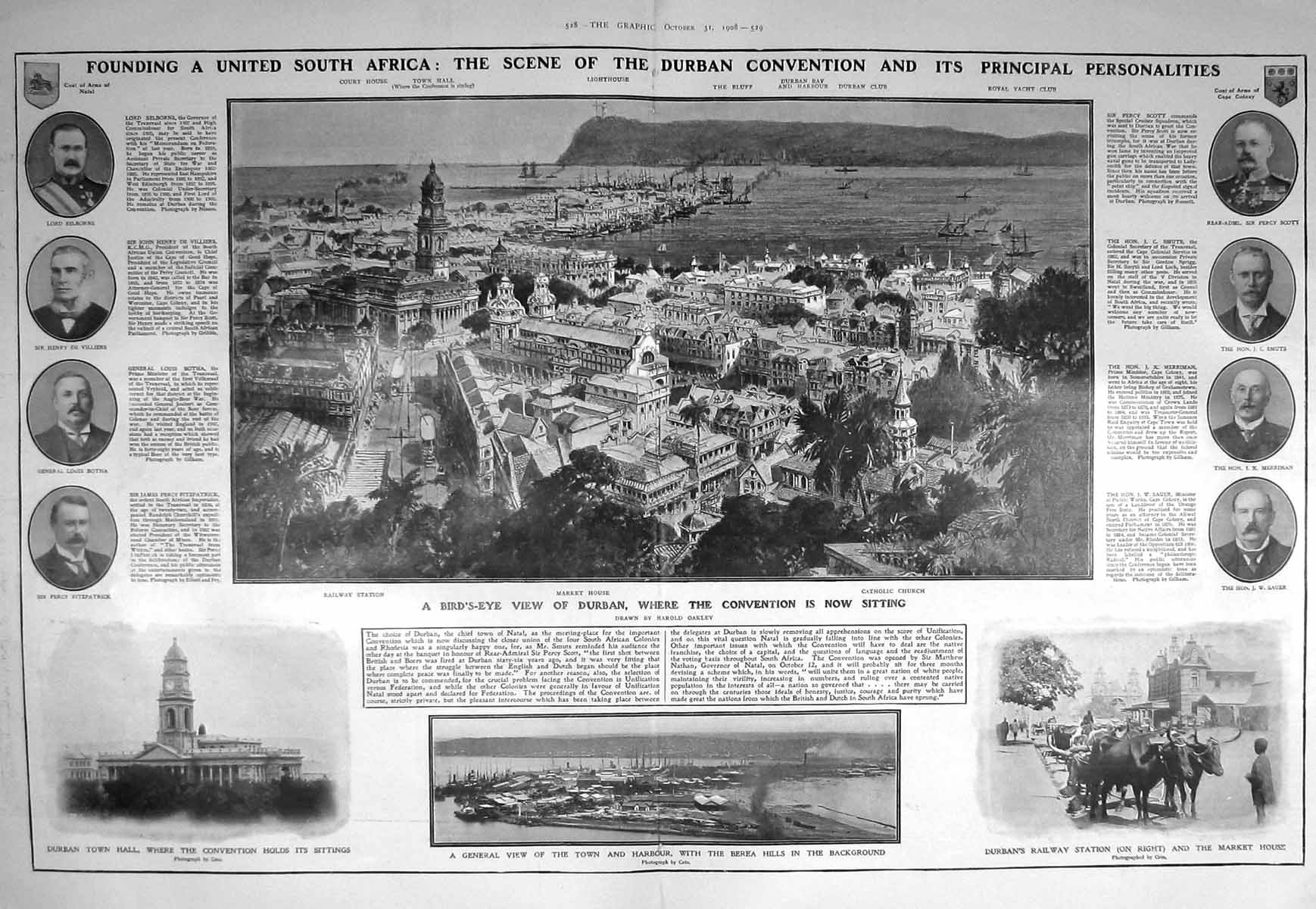 Old Antique Print 1908 View Durban Catholic Church Harbour Berea Smuts 20th