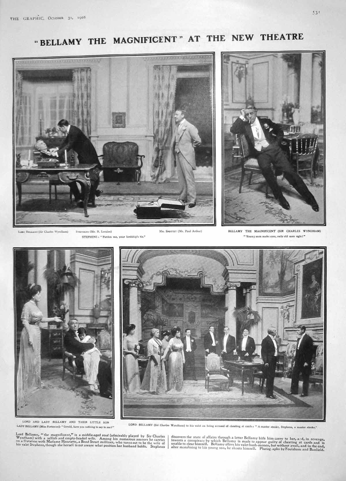 Original Old Antique Print 1908 Bellamy Theatre Wyndham Dove Mayor Gascoyne Fur