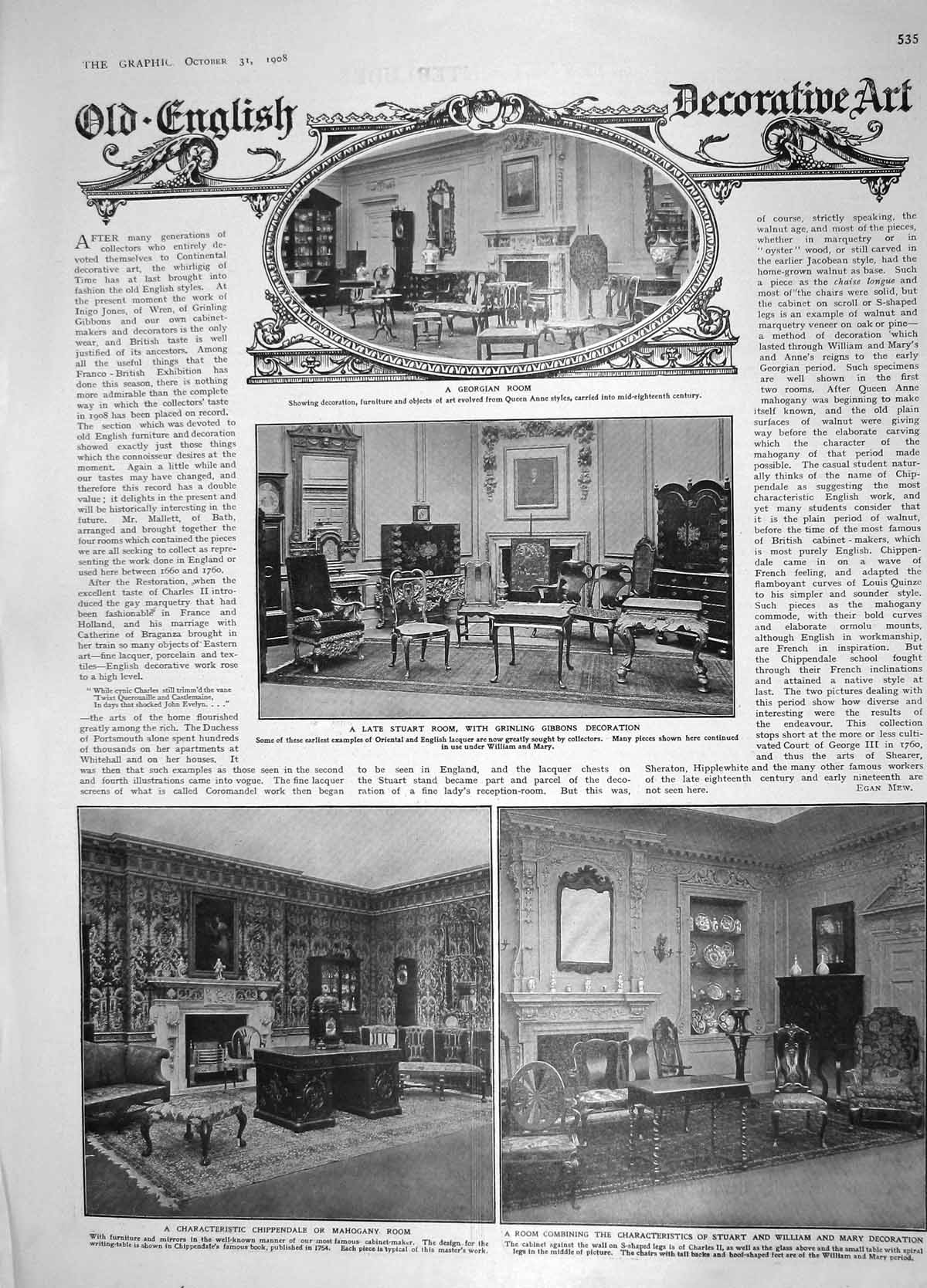 Old Antique Print 1908 Decorative Art Georgian Stuart Mahogany Lodge Myth 20th