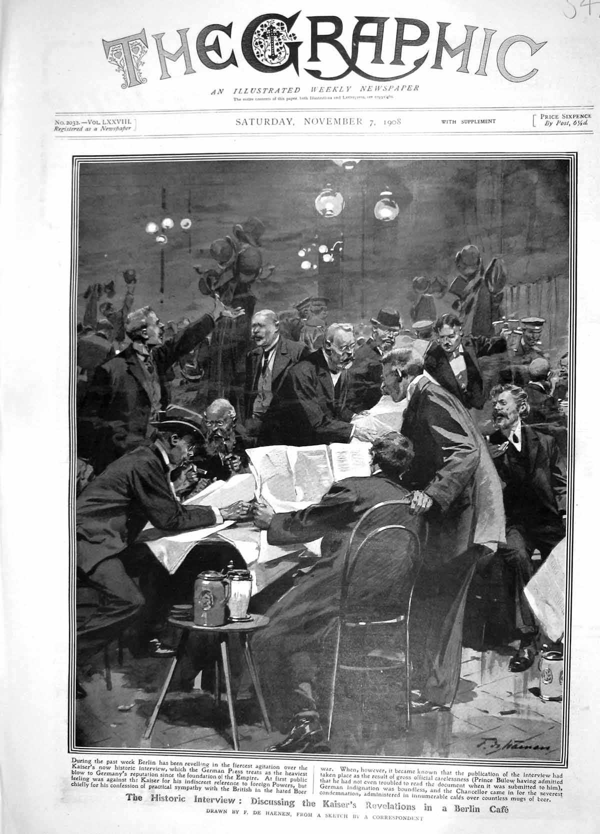 Original Old Antique Print 1908 Kaiser Berlin CafÇ Germany Boer War Historic