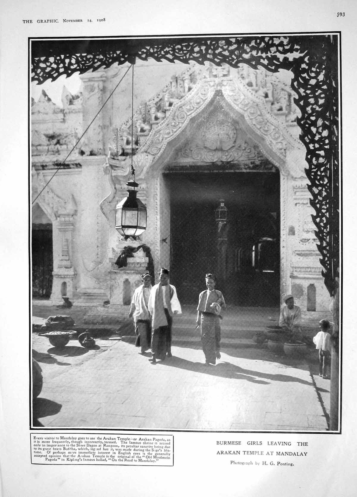 Old Antique Print 1908 Burmese Girls Arakan Temple Mandalay Loafer Boys 20th