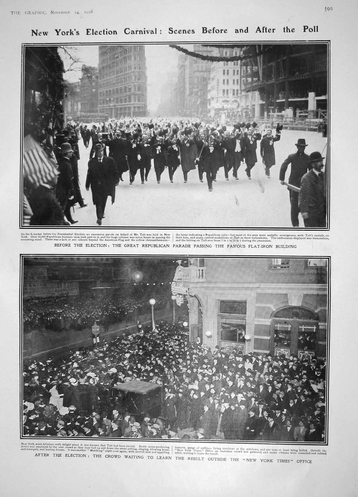 Original Old Antique Print 1908 New York Election Republican Flat-Iron Building