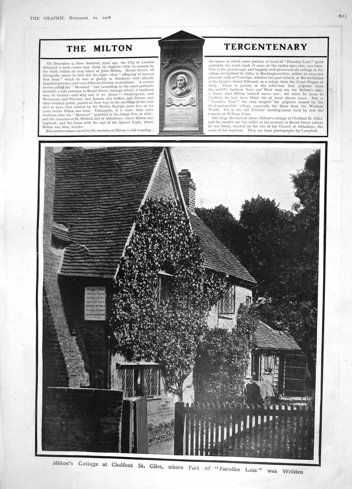 Old Antique Print 1908 Milton Cottage Chalfont Giles Alexis Wrangel York 20th