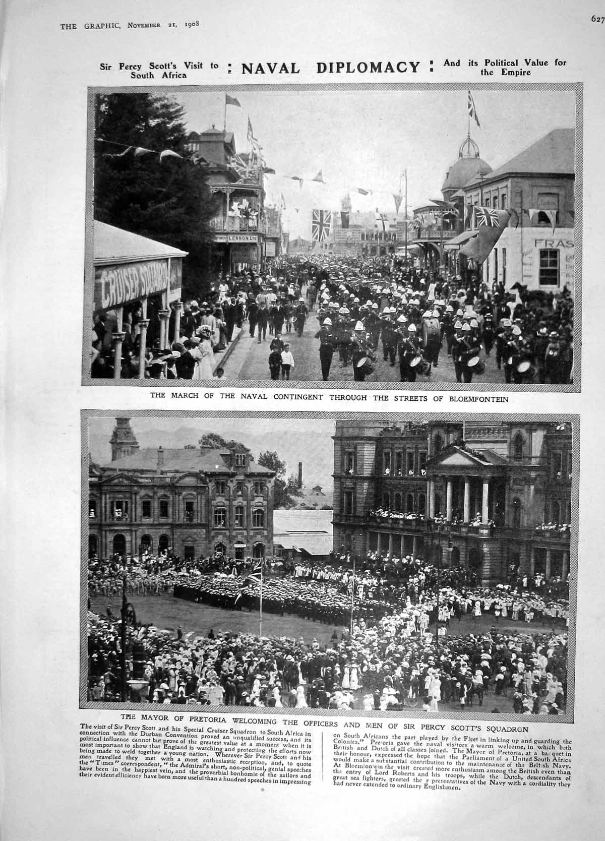 Original Old Antique Print 1908 Navy Bloemfontein Pretoria Telegraphy Saranac