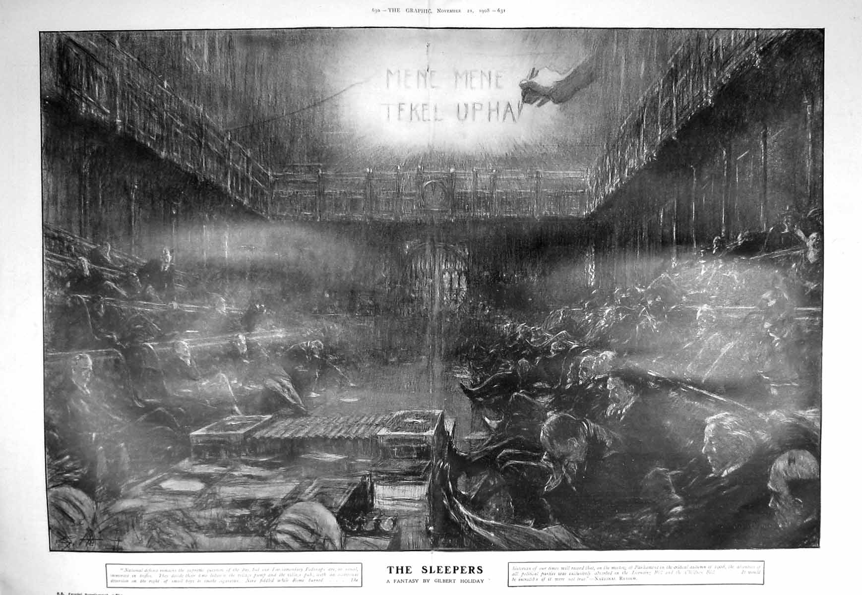 Old Antique Print 1908 Sleepers Parliament House Commons Fantasy Holiday 20th