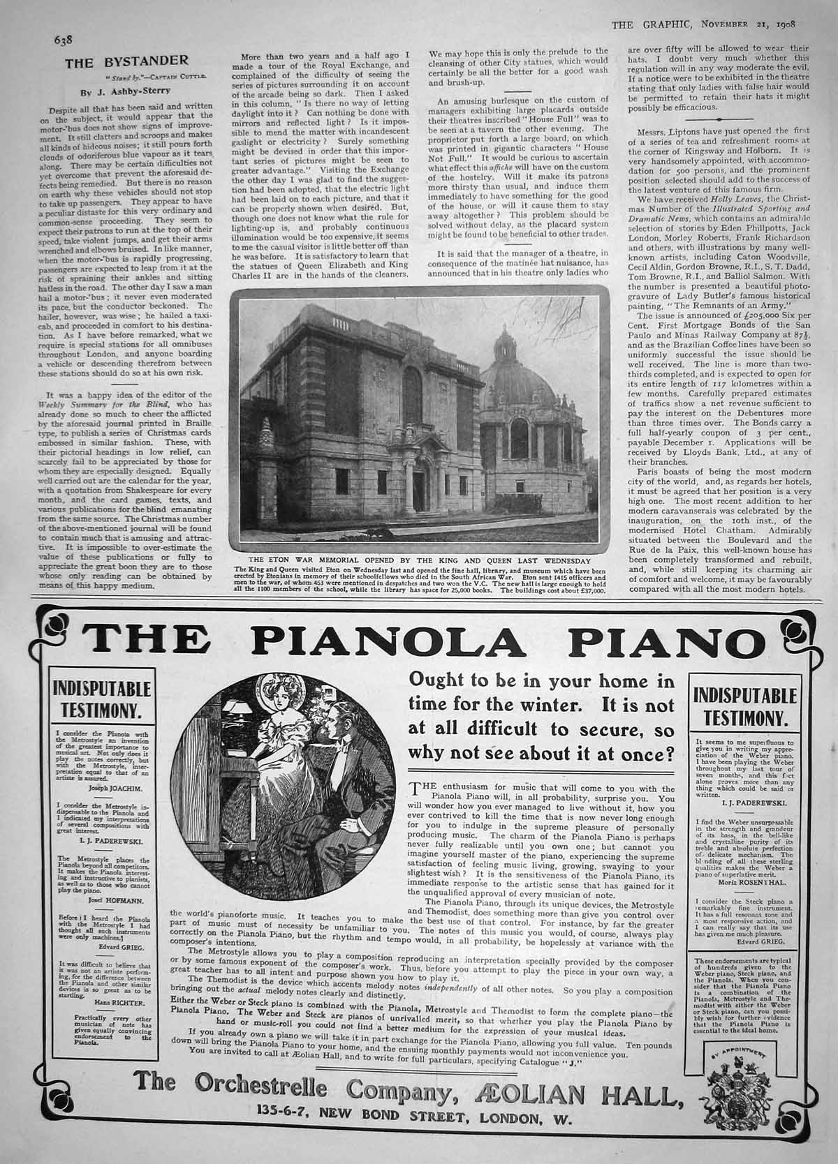 Original Old Antique Print 1908 Eton War Memorial Library Museum King Pianola