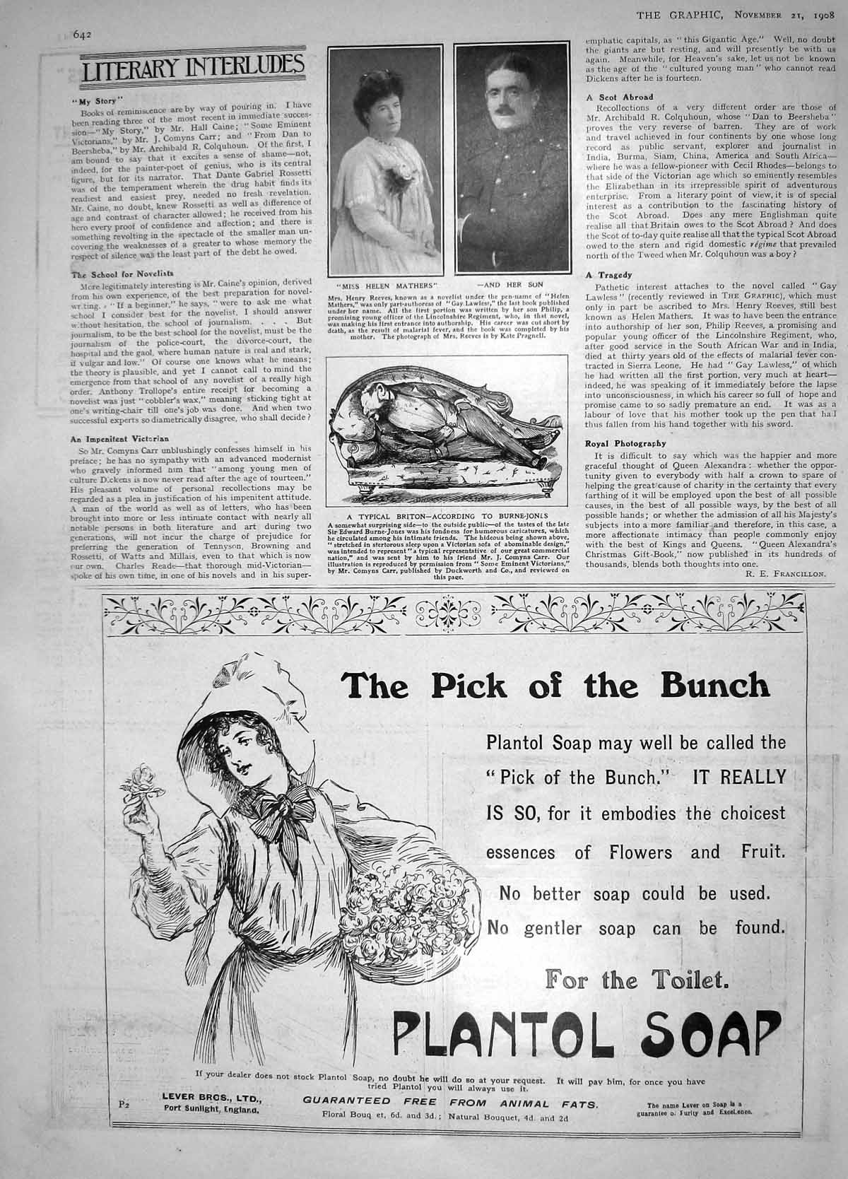 Old Antique Print 1908 Helen Mathers Novelist Edward Burne-Jones Plantol 20th
