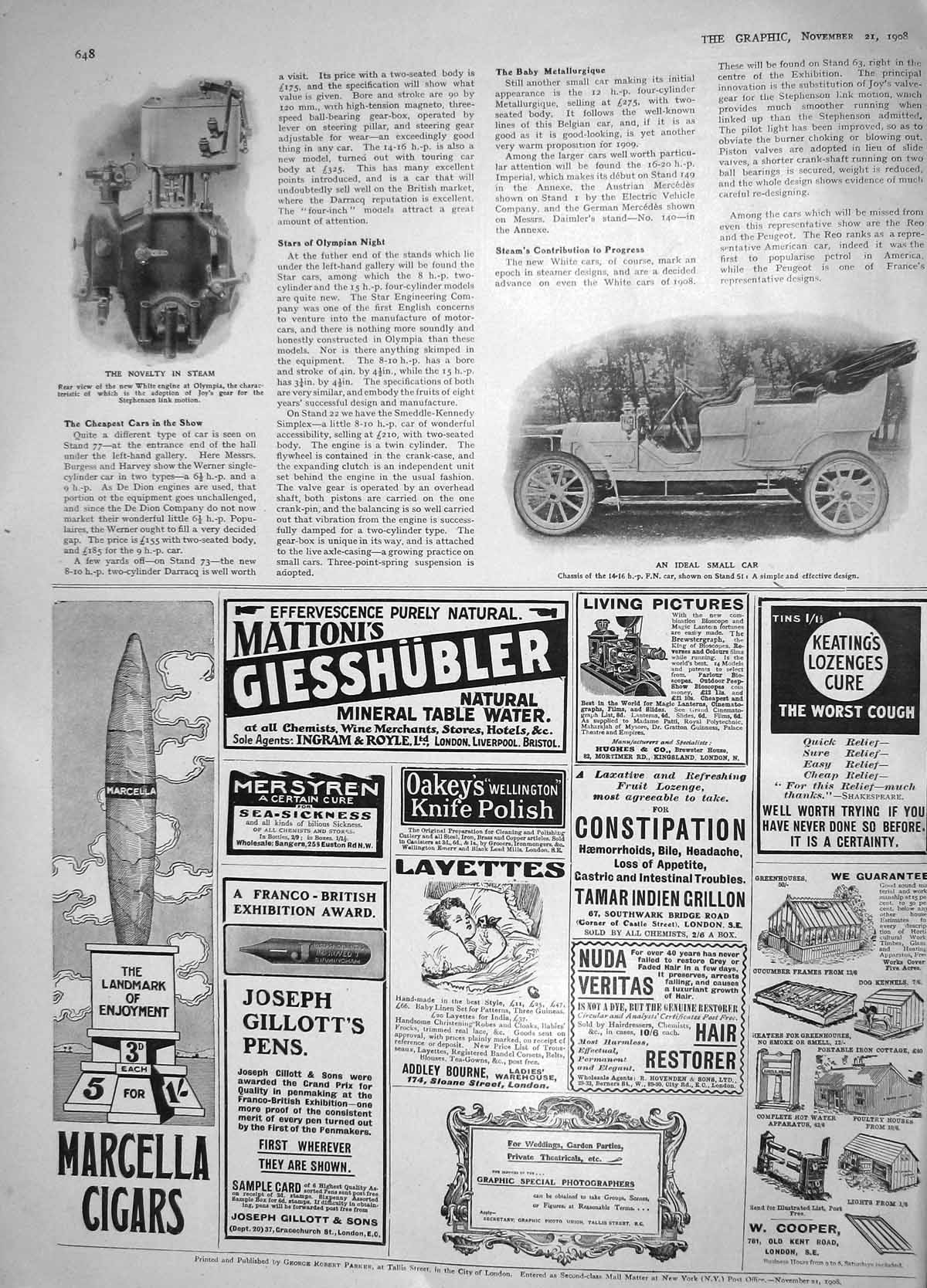 Old Antique Print 1908 White Engine Stephenson Olympia Small Car Cigars 20th